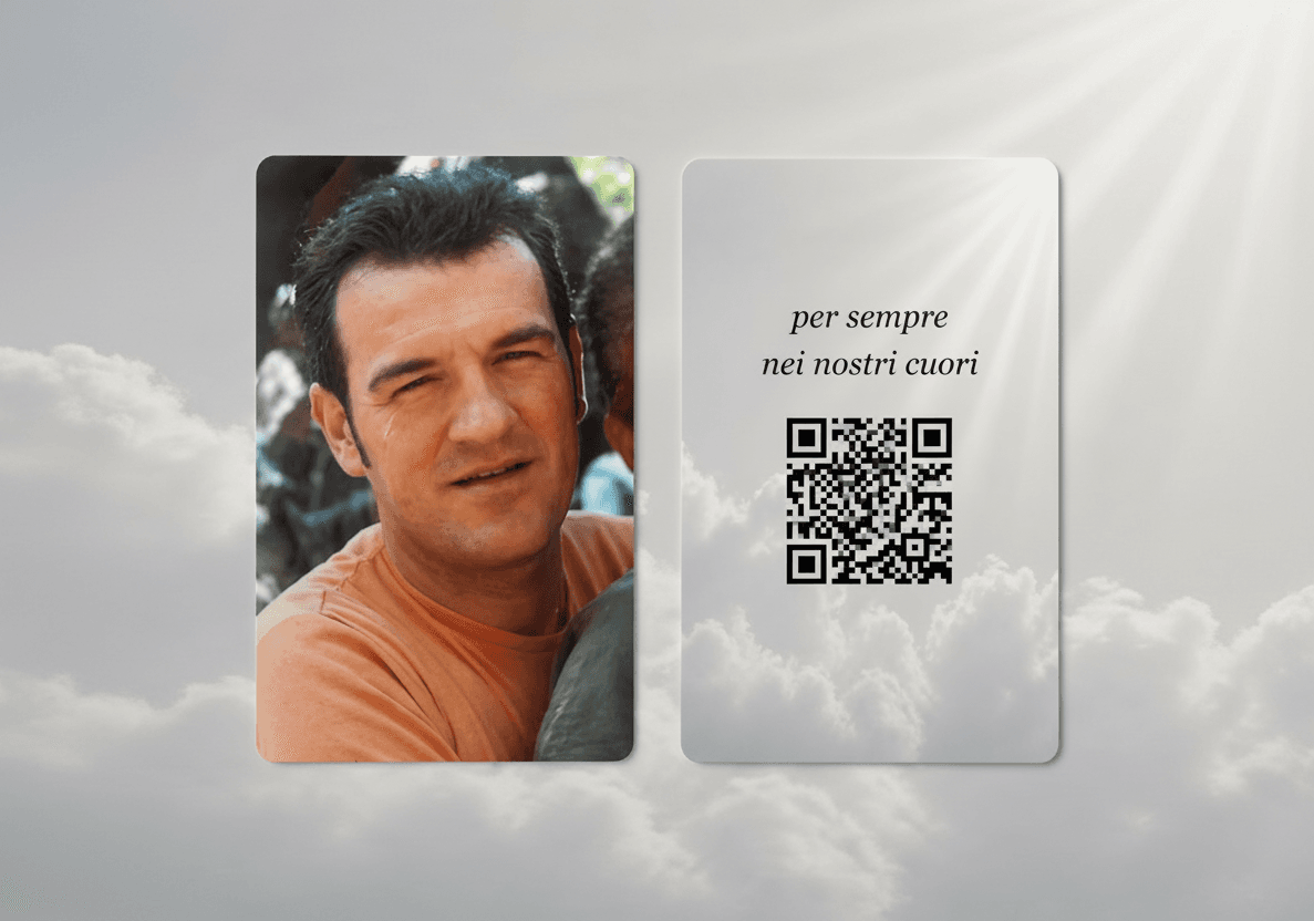 Tessera portafoglio commemorativa in PVC con codice QR e foto del proprio caro — QR Memorial